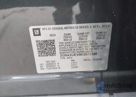 2019 Chevrolet Equinox Lt z USA, uszkodzony, nr VIN 3GNAXUEV6KS672160